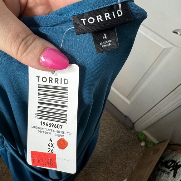 Torrid Women's Blouse with Shoulder Lace Panels in Teal Blue Size 4 (4x/26) NEW - Picture 6 of 10